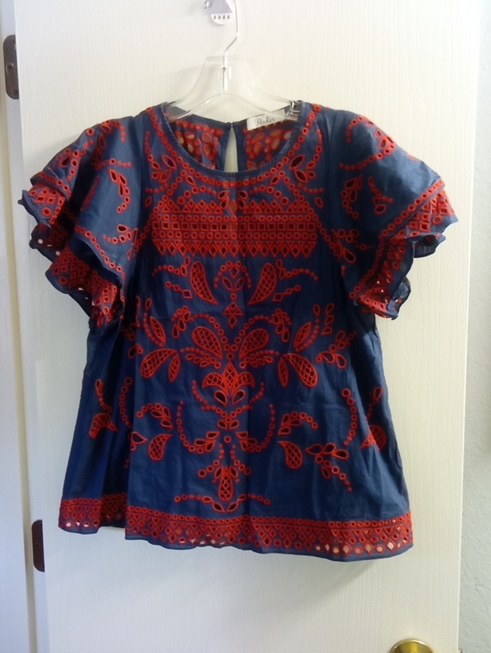 Parker Navy Top with Red Eyelet Embroidery and Flutter Sleeves